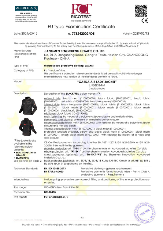 GARDA AIR (LADY) JACKET - BLACK RED - CE CLASS A CERTIFIED