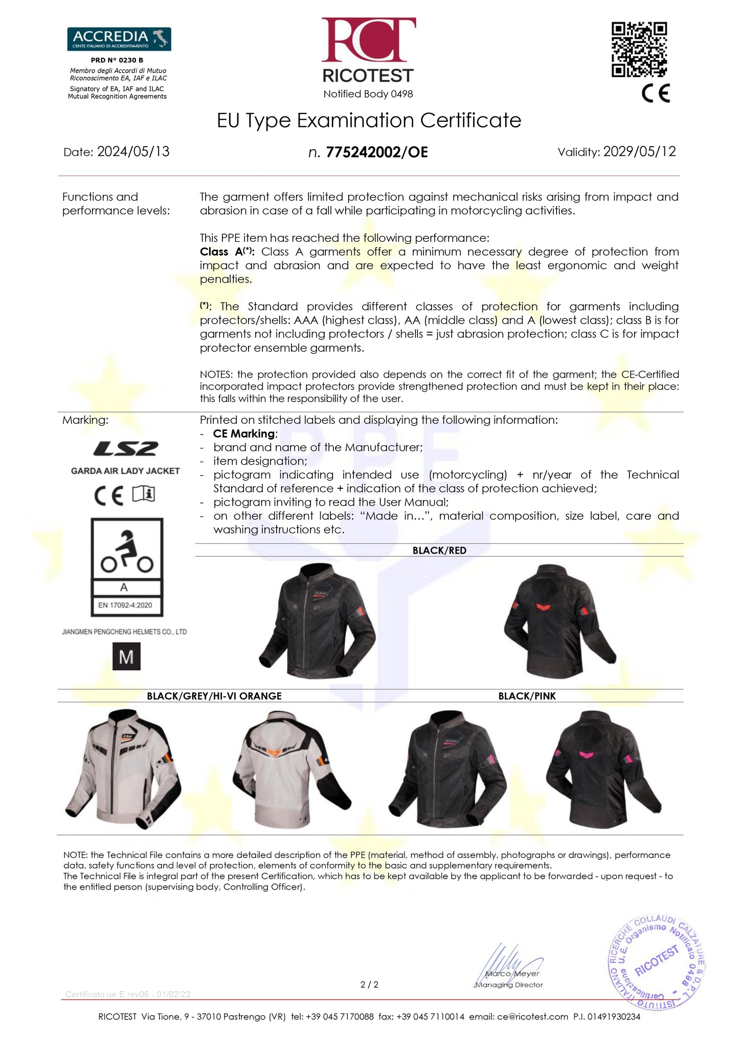 GARDA AIR (LADY) JACKET - BLACK RED - CE CLASS A CERTIFIED