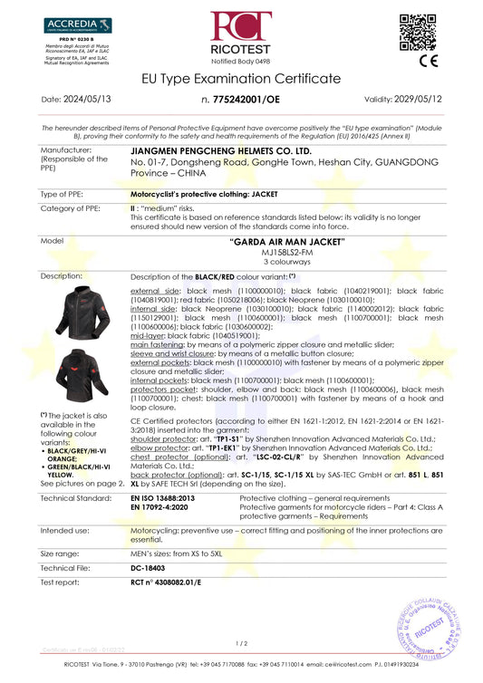GARDA AIR JACKET - GREEN BLACK RED - CE CLASS A CERTIFIED