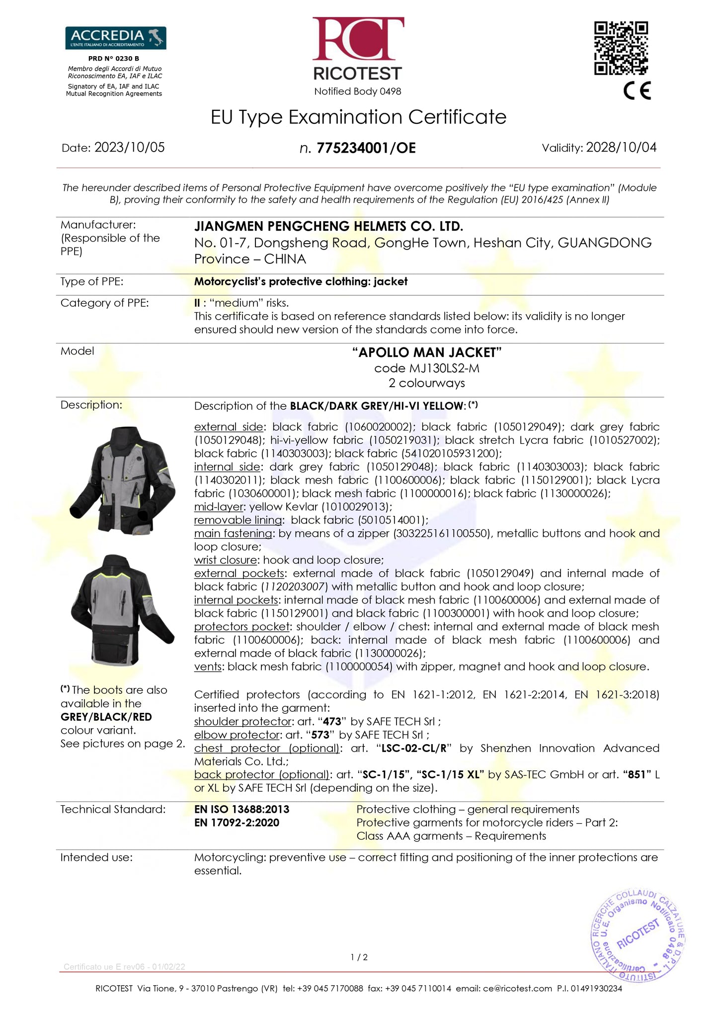 APOLLO JACKET - BLACK DARK GREY H-V YELLOW - CE CLASS AAA CERTIFIED