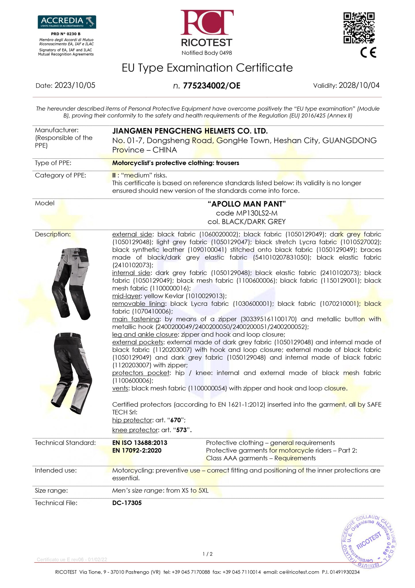 APOLLO PANT - BLACK DARK GREY - CE CLASS AAA CERTIFIED