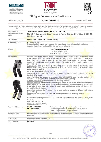 APOLLO PANT - BLACK DARK GREY - CE CLASS AAA CERTIFIED