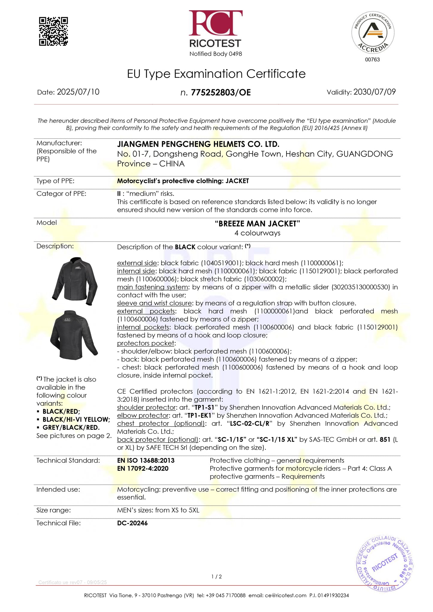 BREEZE JACKET - BLACK RED - CE CLASS A CERTIFIED JACKET