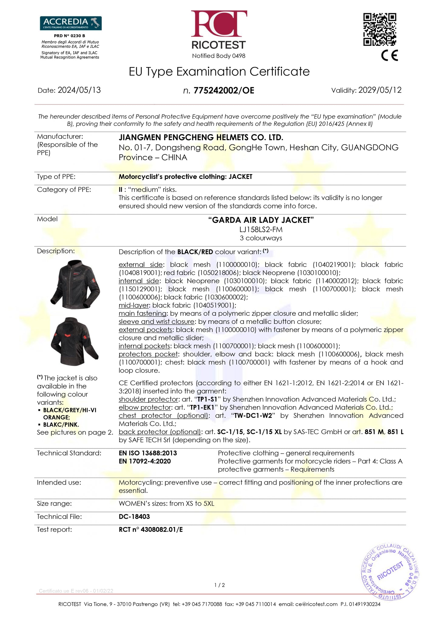 GARDA AIR (LADY) JACKET - BLACK RED - CE CLASS A CERTIFIED