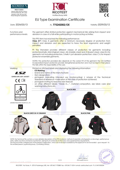 GARDA AIR (LADY) JACKET - BLACK RED - CE CLASS A CERTIFIED