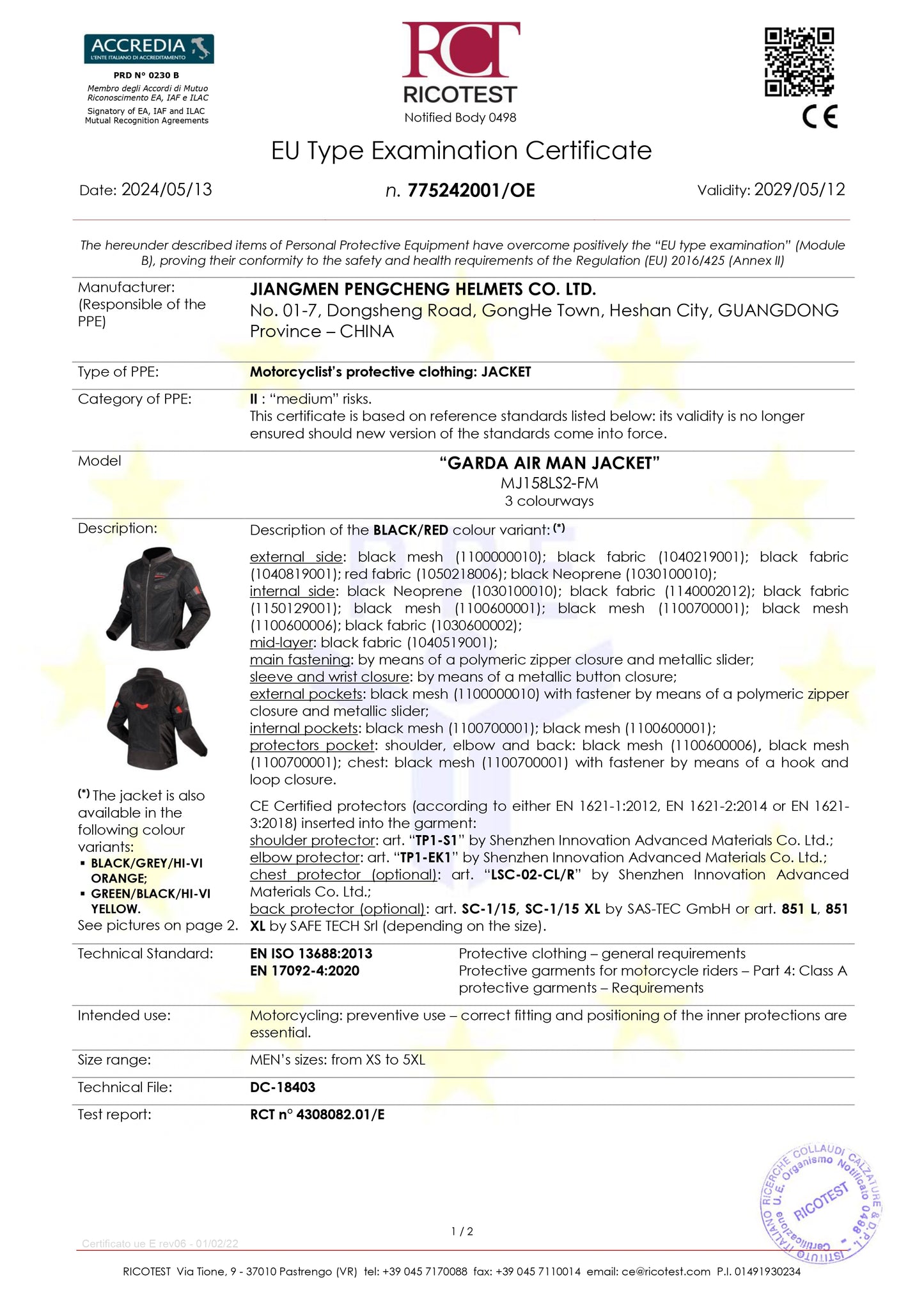 GARDA AIR JACKET - GREEN BLACK RED - CE CLASS A CERTIFIED