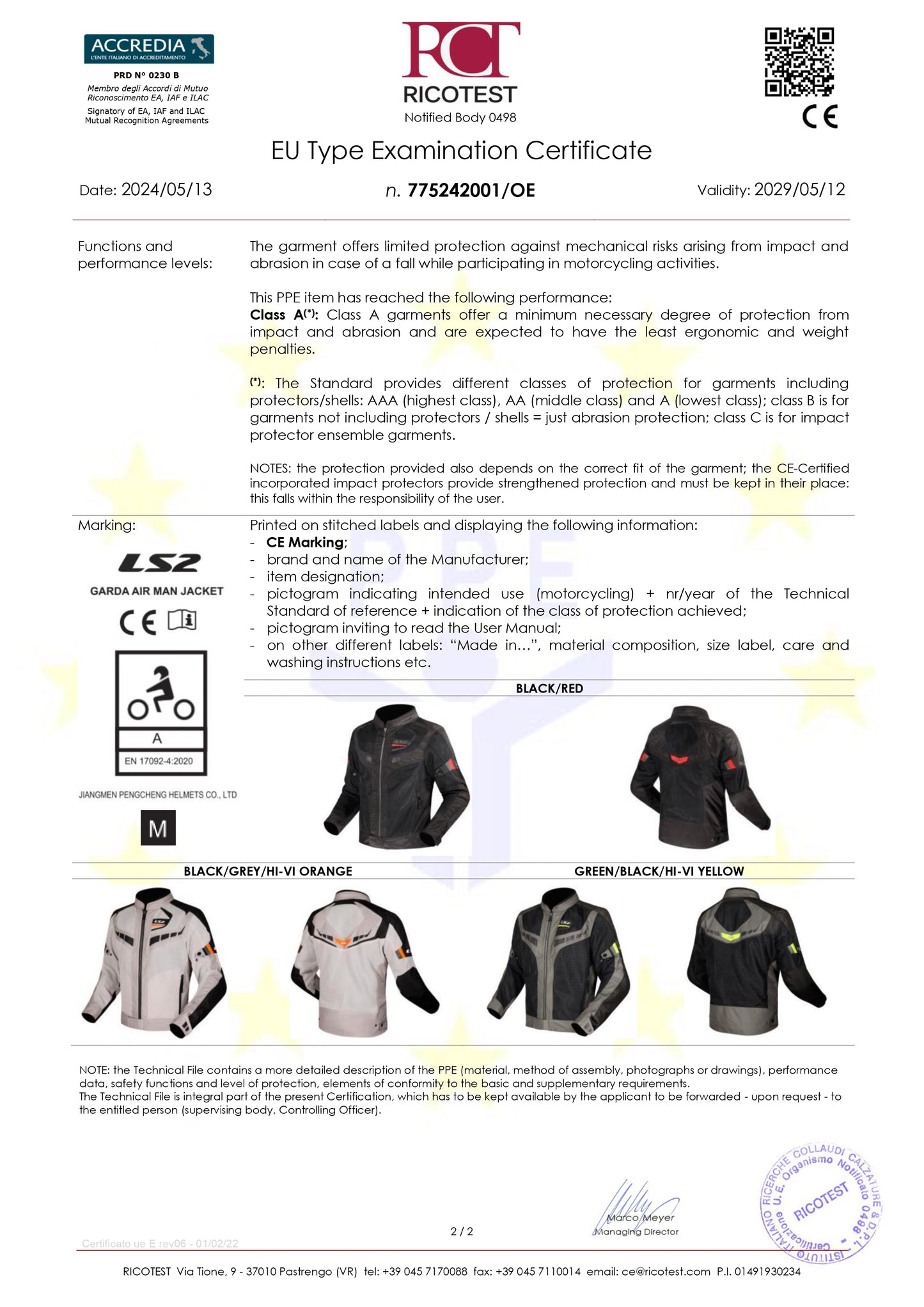 GARDA AIR JACKET - GREEN BLACK RED - CE CLASS A CERTIFIED